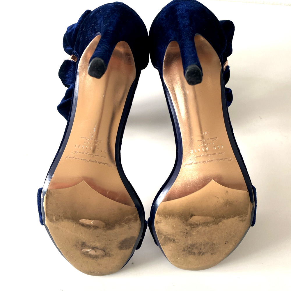 Ted Baker Torabel Velvet Blue Sandal Open Toe Slim Heel Stiletto Bow Back Zip 40 - Picture 9 of 10